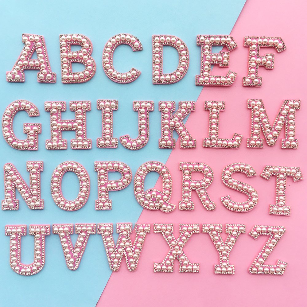 Wholesale A-Z Pink Pearl iron on patches letters Rhinestone Applique beaded patch Stripe Badge DIY pearl varsity letter patch