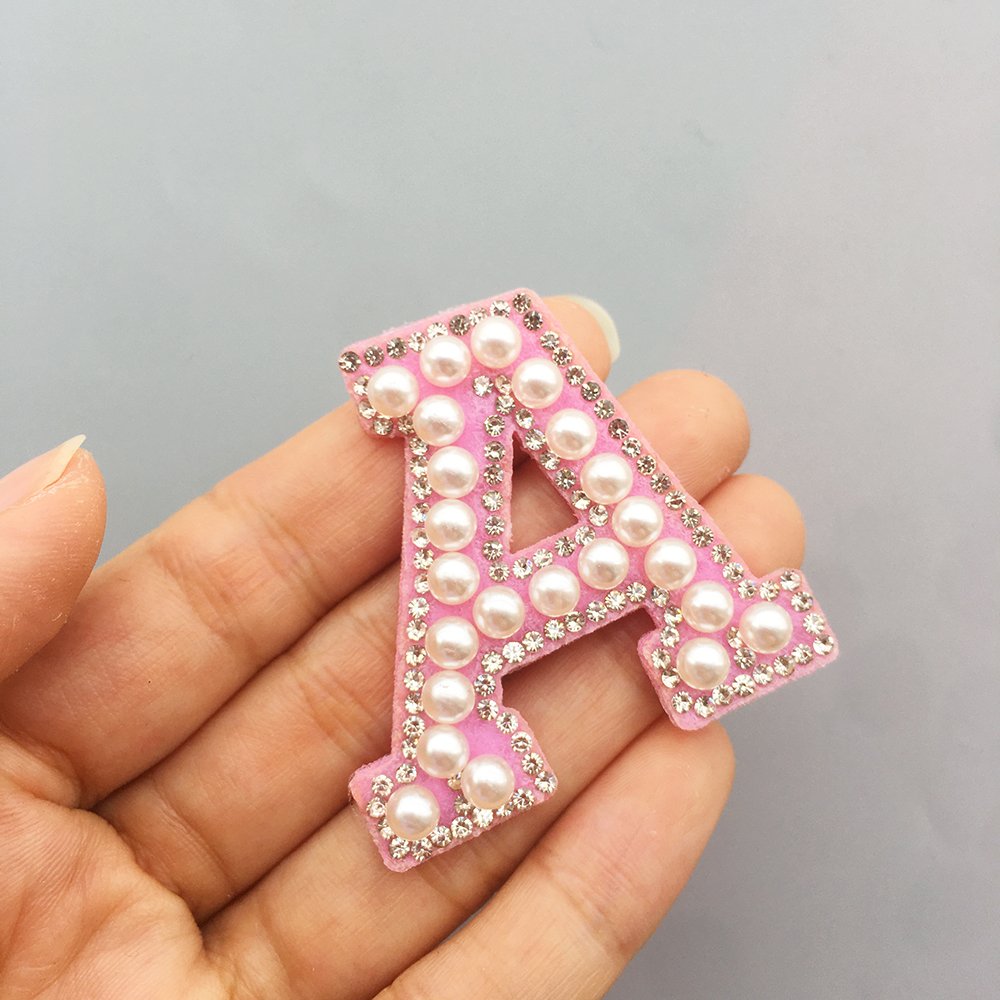 Wholesale A-Z Pink Pearl iron on patches letters Rhinestone Applique beaded patch Stripe Badge DIY pearl varsity letter patch