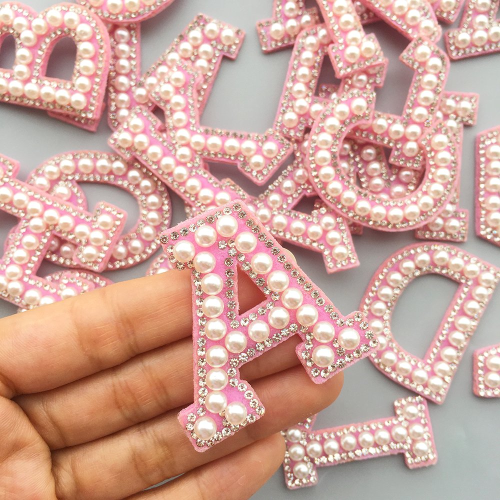 Wholesale A-Z Pink Pearl iron on patches letters Rhinestone Applique beaded patch Stripe Badge DIY pearl varsity letter patch