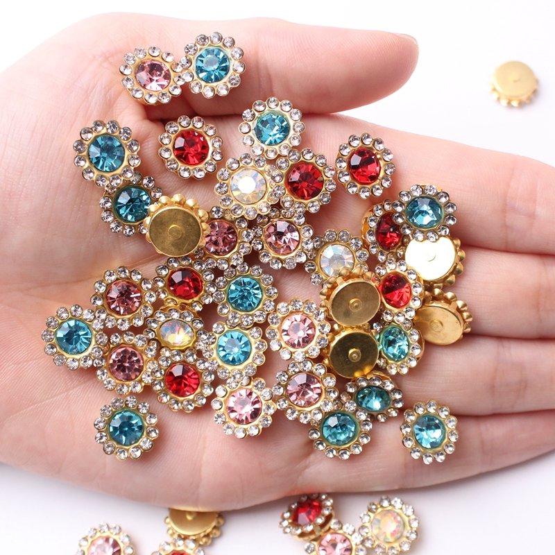 Round Glass 12mm 200Pcs Double Layer Round Rhinestones Sewn on With Hole Glass Drill for Hand Seam DIY Decorations Accessories