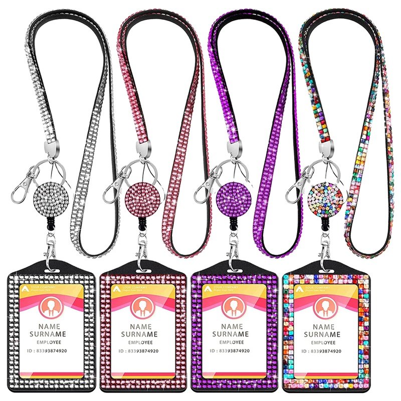 Sparkling ID Card Holder Retractable Badge Reel Rhinestone Neck Lanyard Card Holder with Metal Clasp Key Ring