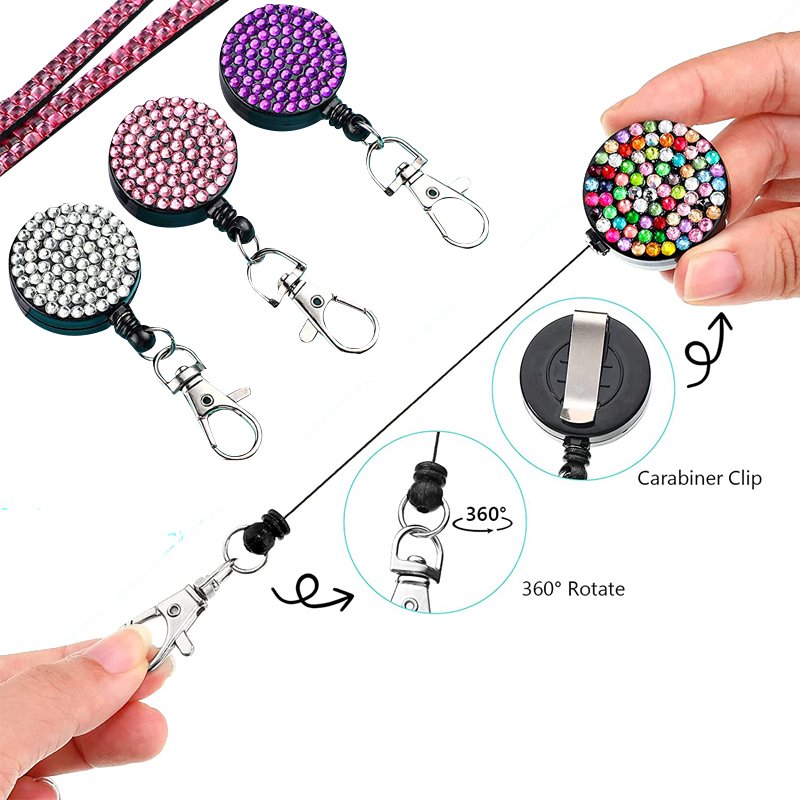 Sparkling ID Card Holder Retractable Badge Reel Rhinestone Neck Lanyard Card Holder with Metal Clasp Key Ring