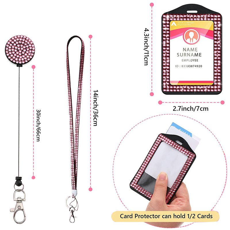 Sparkling ID Card Holder Retractable Badge Reel Rhinestone Neck Lanyard Card Holder with Metal Clasp Key Ring