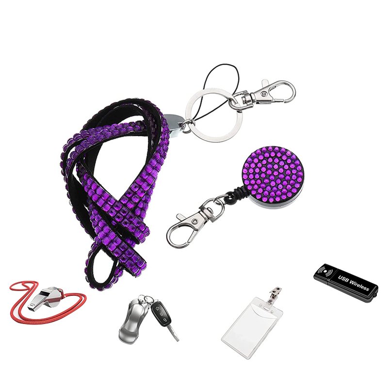 Sparkling ID Card Holder Retractable Badge Reel Rhinestone Neck Lanyard Card Holder with Metal Clasp Key Ring