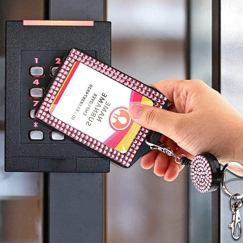 Sparkling ID Card Holder Retractable Badge Reel Rhinestone Neck Lanyard Card Holder with Metal Clasp Key Ring
