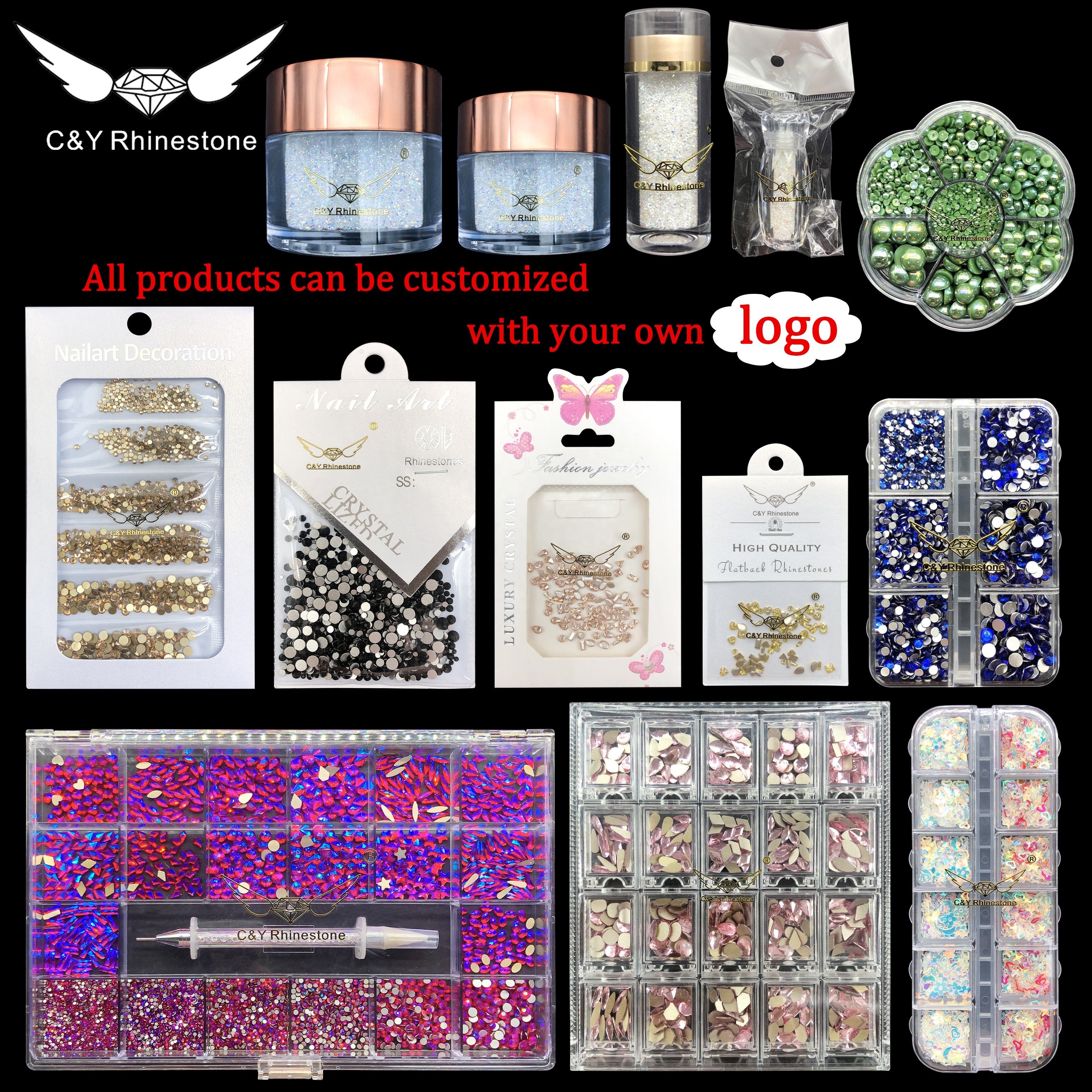 CY Red Series Bling Cristal Glass Design Flat Back Crystal Stones Nails Diamond Fancy Shape For Nail Rhinestone Box