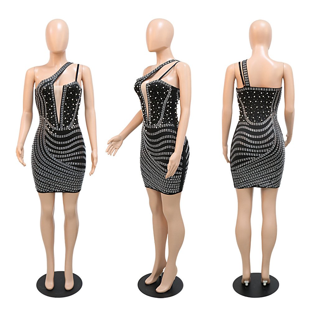 C0609TA28 New Arrival Sexy One Shoulder Sheer Mesh Rhinestone Bodycon Club Dress Women Sehe Fashion