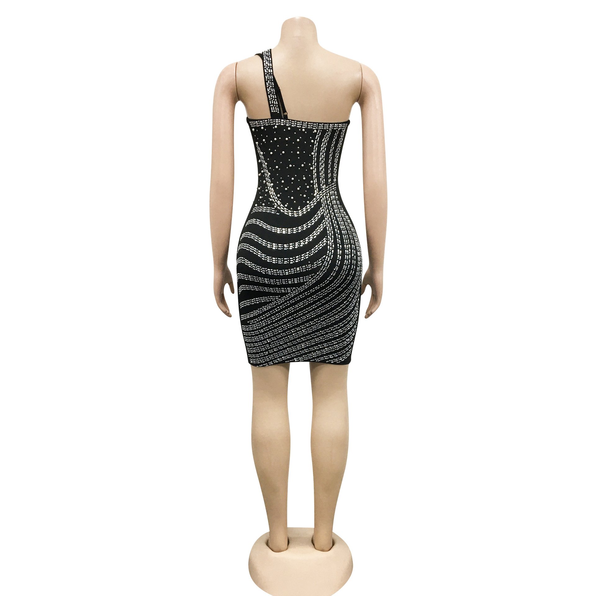 C0609TA28 New Arrival Sexy One Shoulder Sheer Mesh Rhinestone Bodycon Club Dress Women Sehe Fashion
