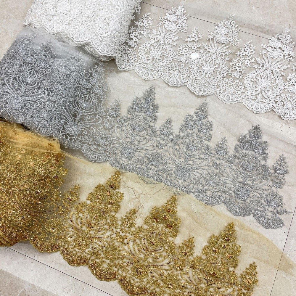 ZSY Exquisite Gold Floral rhinestone sequin seed bead lace applique Leaves pattern Beaded Lace Trim for Bridal dress