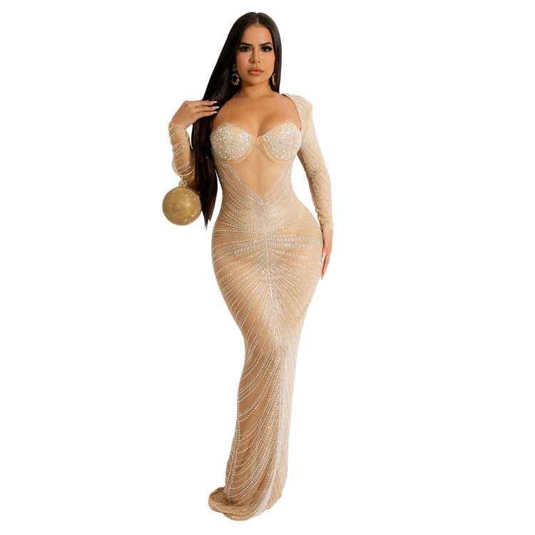 Gold Bling Dress Party Sheer Rhinestone Maxi Dress Fashion Birthday Evening Party Prom Backless Transparent Long Dress