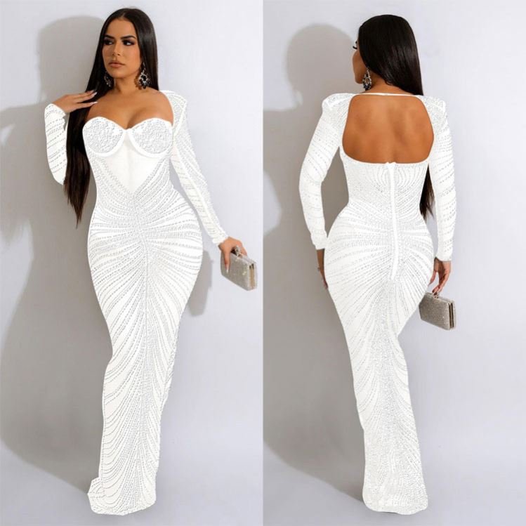 Gold Bling Dress Party Sheer Rhinestone Maxi Dress Fashion Birthday Evening Party Prom Backless Transparent Long Dress