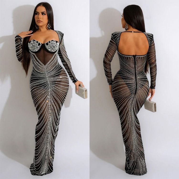 Gold Bling Dress Party Sheer Rhinestone Maxi Dress Fashion Birthday Evening Party Prom Backless Transparent Long Dress