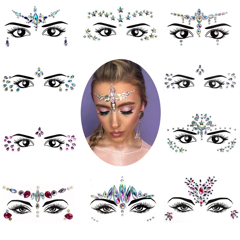 Halloween Glitter Rhinestone Crystal Diamond Face Tattoo Temporary Jewel Art Sticker Happy Game Double Face Gems Sticker