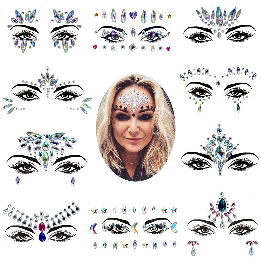 Halloween Glitter Rhinestone Crystal Diamond Face Tattoo Temporary Jewel Art Sticker Happy Game Double Face Gems Sticker