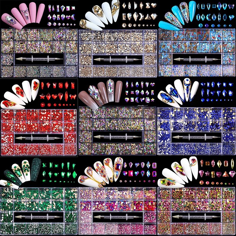 Dropship Hot Crystal AB Rainbow Nail Art Mix Shape Fancy Shaped In Box Flat Bottom Glass Nail Diamond Rhinestone