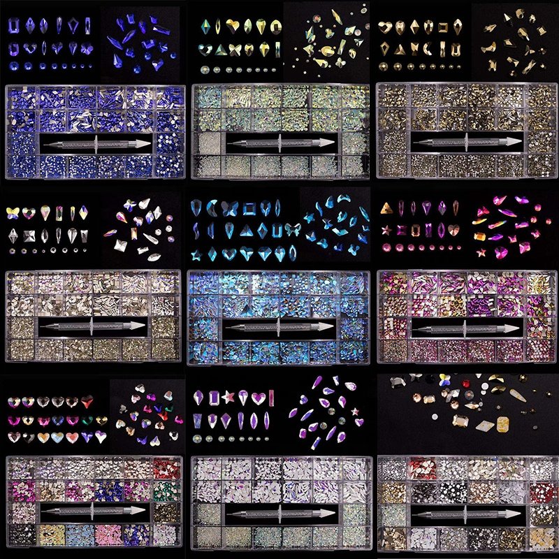 Dropship Hot Crystal AB Rainbow Nail Art Mix Shape Fancy Shaped In Box Flat Bottom Glass Nail Diamond Rhinestone