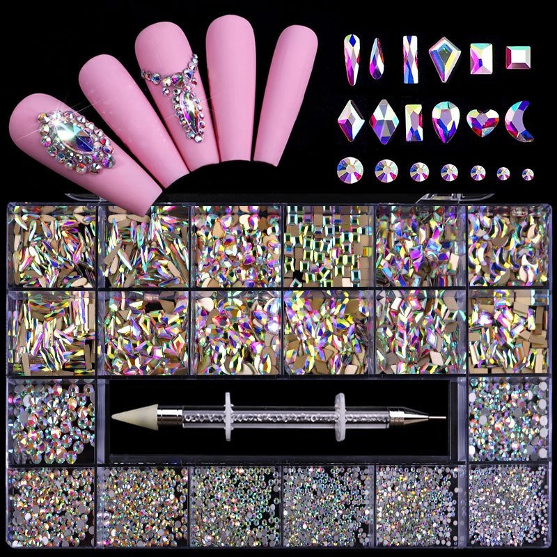 Dropship Hot Crystal AB Rainbow Nail Art Mix Shape Fancy Shaped In Box Flat Bottom Glass Nail Diamond Rhinestone