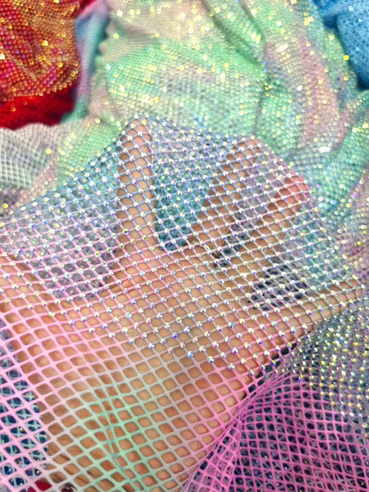 High quality diamante AB stone stretch rhinestone mesh fabric fishing net with stones for dress