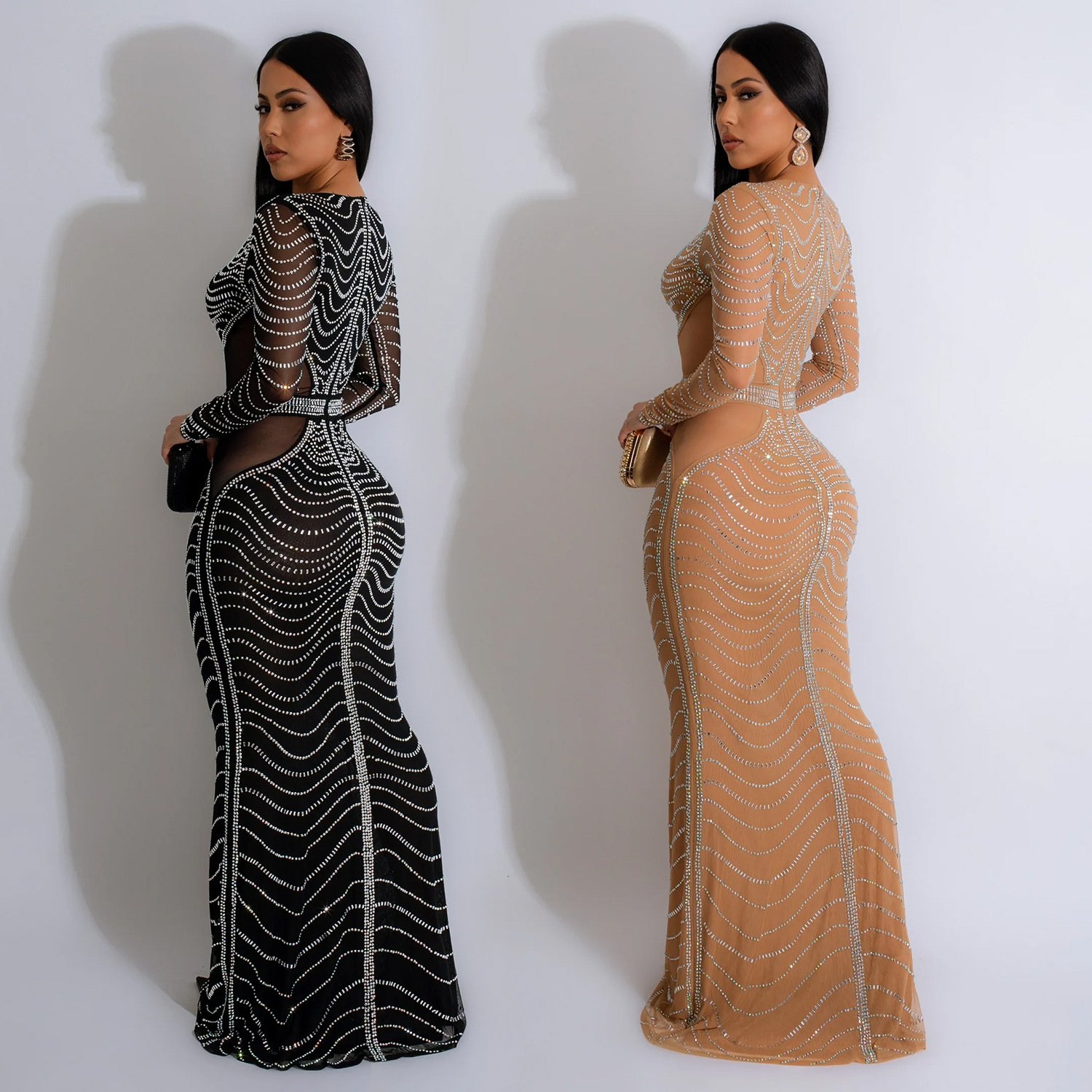 BR4254 Fashion Women's solid color mesh rhinestone dress