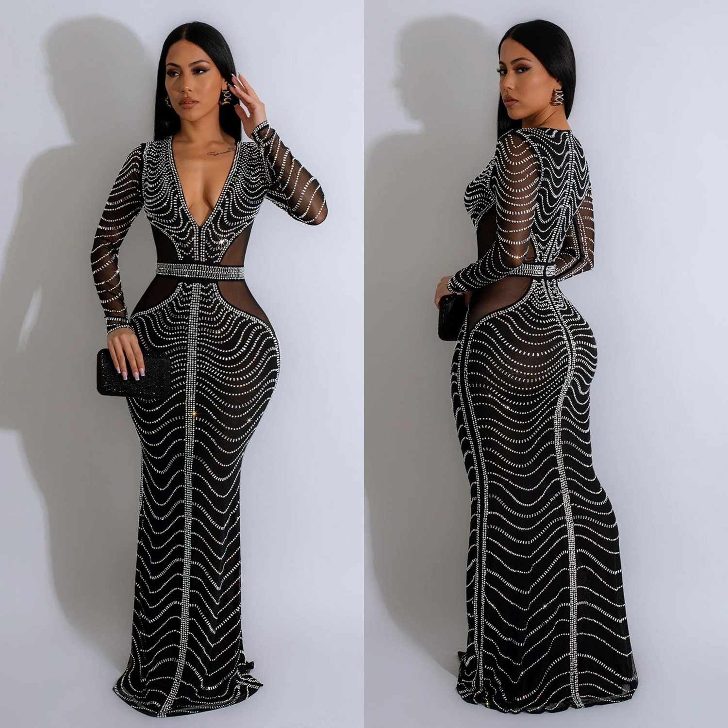 BR4254 Fashion Women's solid color mesh rhinestone dress