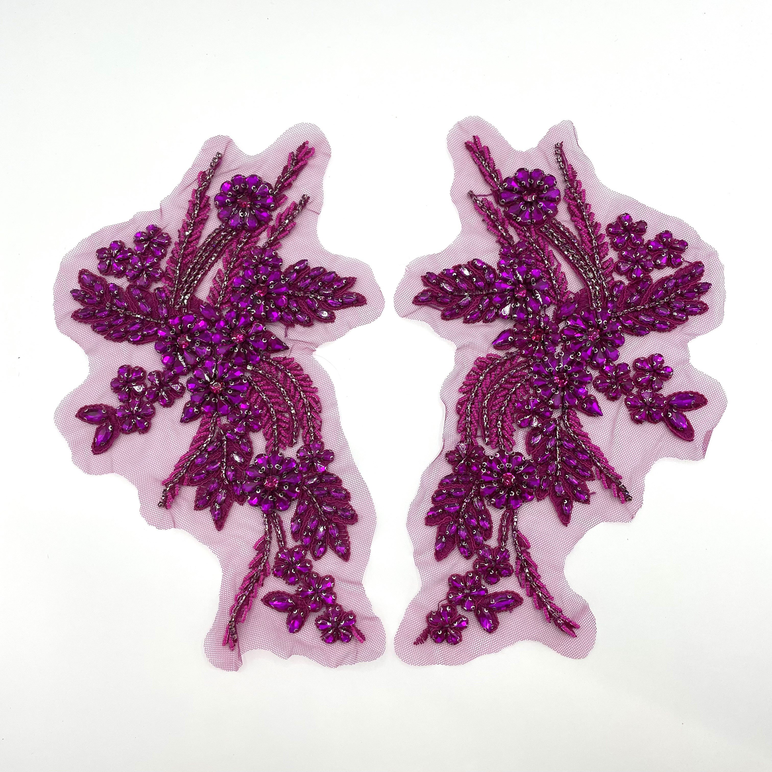 Bridal Crystal Patch Fuchsia Light Purple Rhinestone Bodice Beaded Applique Rose Gold For Sash Shoulder Dress