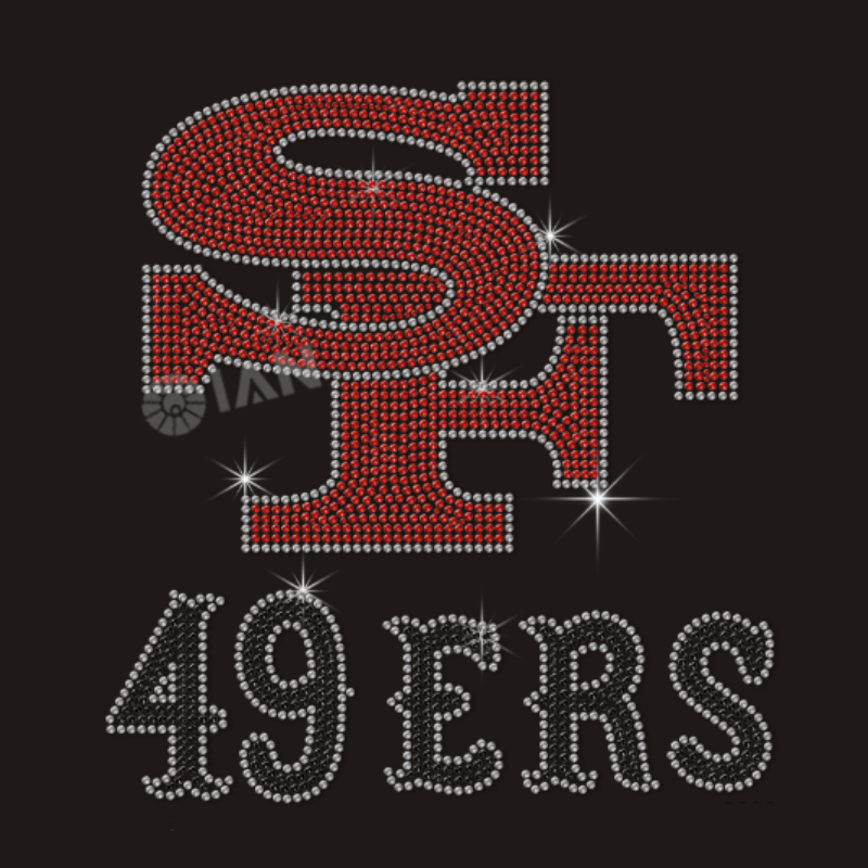 Custom Bling Crystal NFL Football Team Logo Hot Fix Iron On San Francisco SF 49ers Rhinestone Heat Transfer Design for T Shirt
