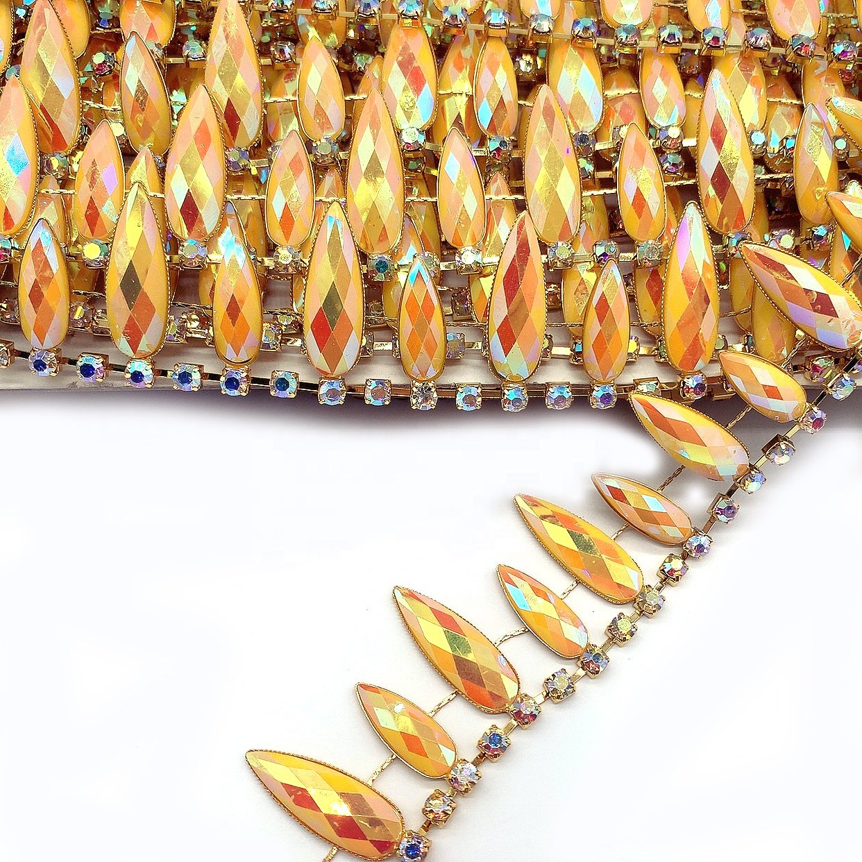 Fuban Garment fashion rhinestone tassel fringe trim rhinestone yellow ab resin chain trims For carnival