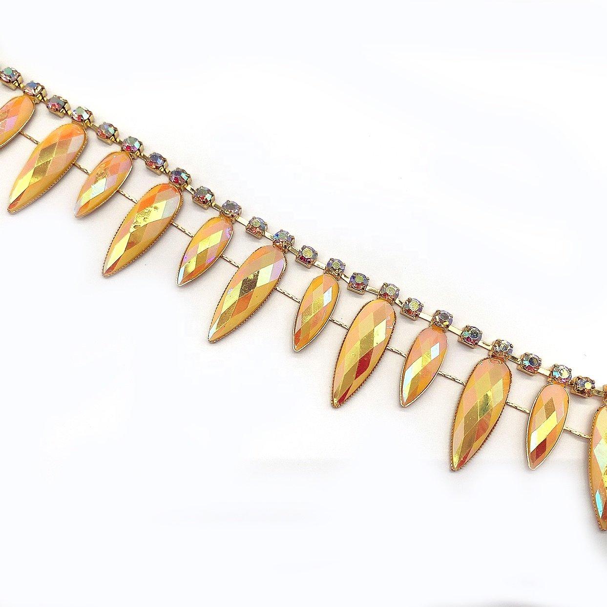 Fuban Garment fashion rhinestone tassel fringe trim rhinestone yellow ab resin chain trims For carnival
