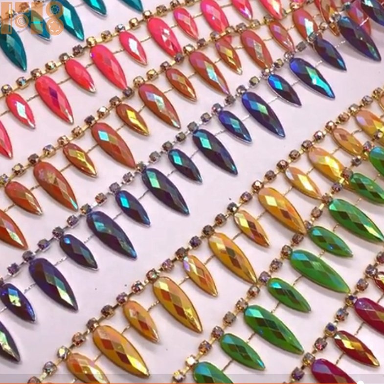 Fuban Garment fashion rhinestone tassel fringe trim rhinestone yellow ab resin chain trims For carnival
