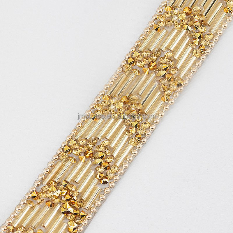 Wholesale Gold Color Hotfix Rhinestone Sheet Iron on Trimming Mesh for Pants trousers