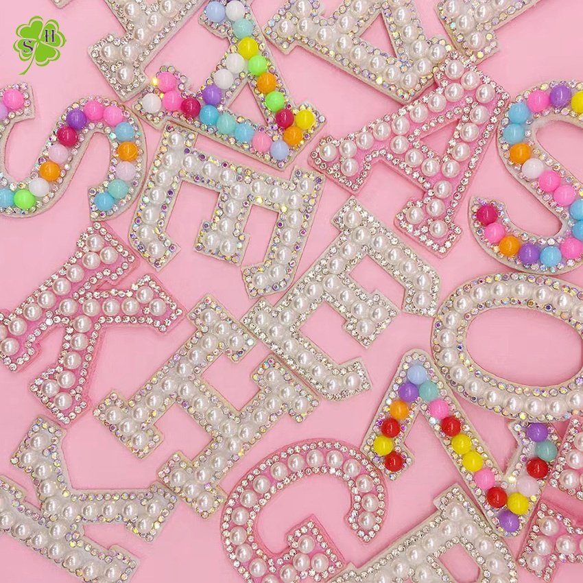 Colorful Alphabet Acrylic Round Beads Rhinestone Words Iron On Patches Applique 3D Handmade Patch Initial Letter Patches