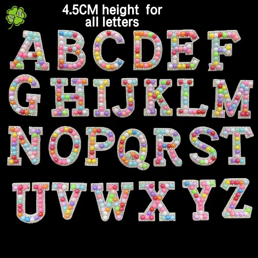 Colorful Alphabet Acrylic Round Beads Rhinestone Words Iron On Patches Applique 3D Handmade Patch Initial Letter Patches