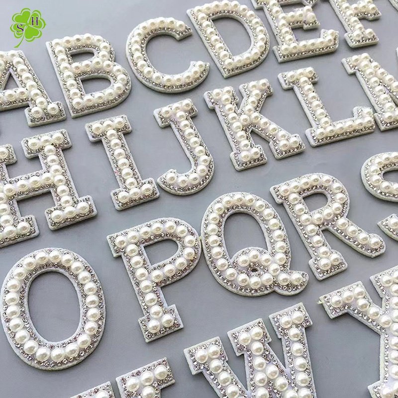 Colorful Alphabet Acrylic Round Beads Rhinestone Words Iron On Patches Applique 3D Handmade Patch Initial Letter Patches