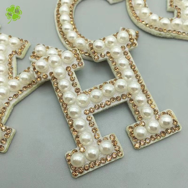 Colorful Alphabet Acrylic Round Beads Rhinestone Words Iron On Patches Applique 3D Handmade Patch Initial Letter Patches