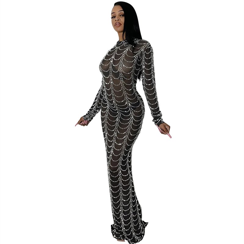 luxury women christmas party mesh sheer see through transparent long sleeve rhinestone crystal maxi long evening dress for women