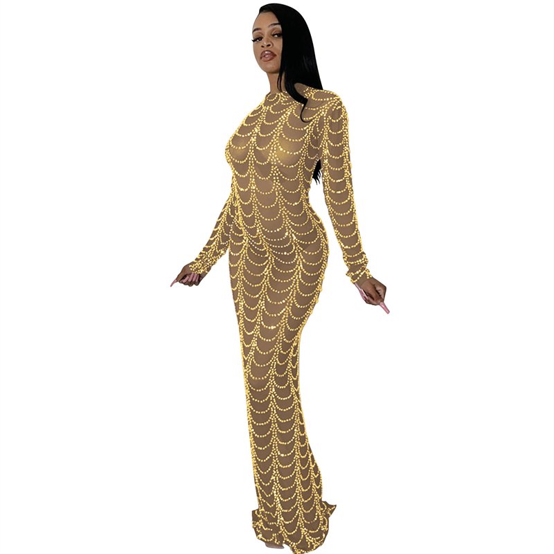 luxury women christmas party mesh sheer see through transparent long sleeve rhinestone crystal maxi long evening dress for women