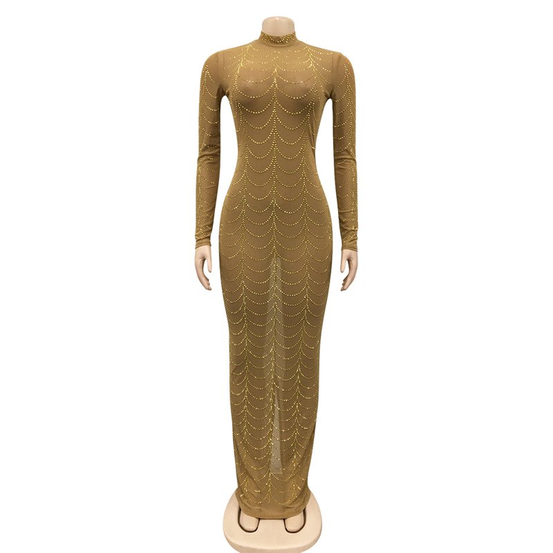luxury women christmas party mesh sheer see through transparent long sleeve rhinestone crystal maxi long evening dress for women