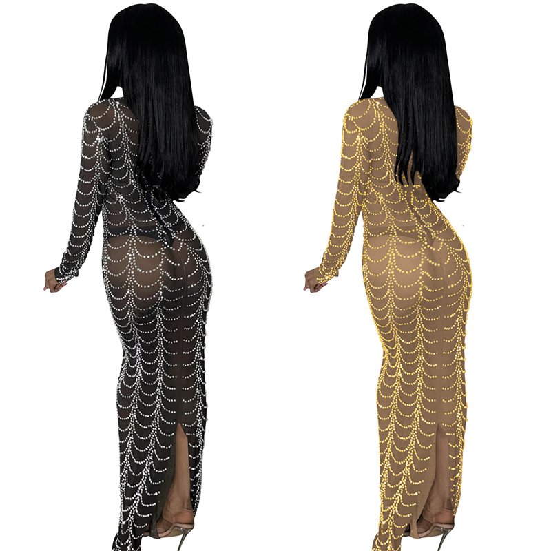 luxury women christmas party mesh sheer see through transparent long sleeve rhinestone crystal maxi long evening dress for women