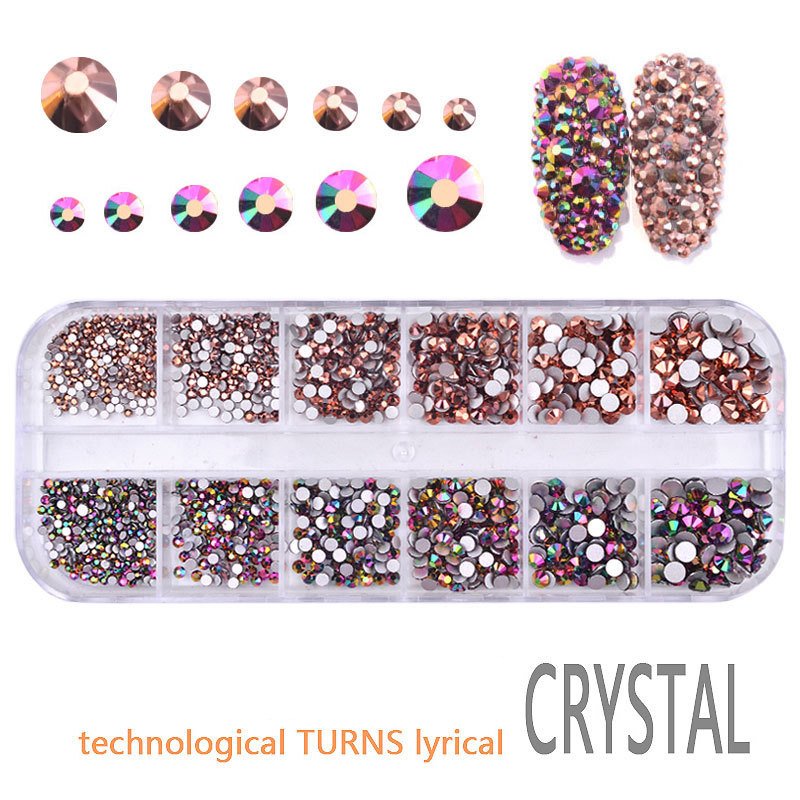 Crystal Rhinestone Nail Art Decoration Colorful 12 Grids Mix Size Flat Back Crystal Rhinestones for Nail Design in Box