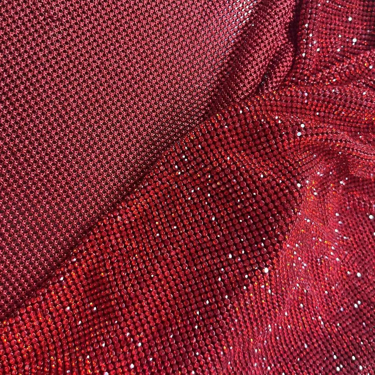 Shiny Siam Crystal Mesh Fabric Red Rhinestone Mesh For Sewing On Bags Shoes Garment