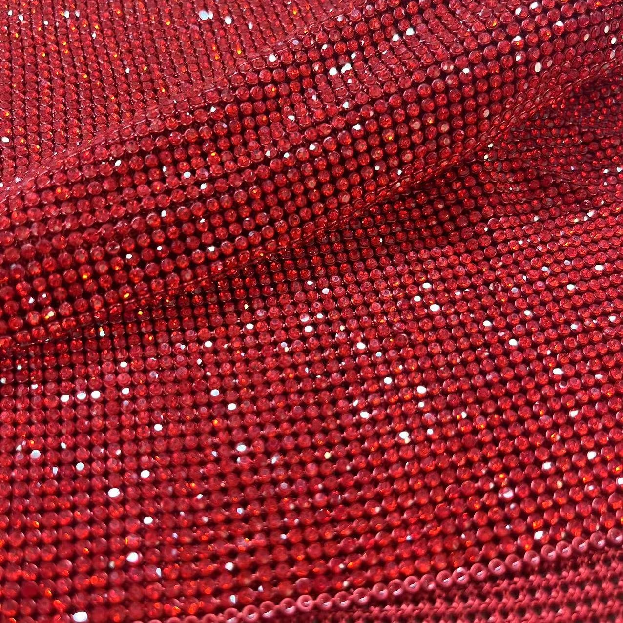 Shiny Siam Crystal Mesh Fabric Red Rhinestone Mesh For Sewing On Bags Shoes Garment
