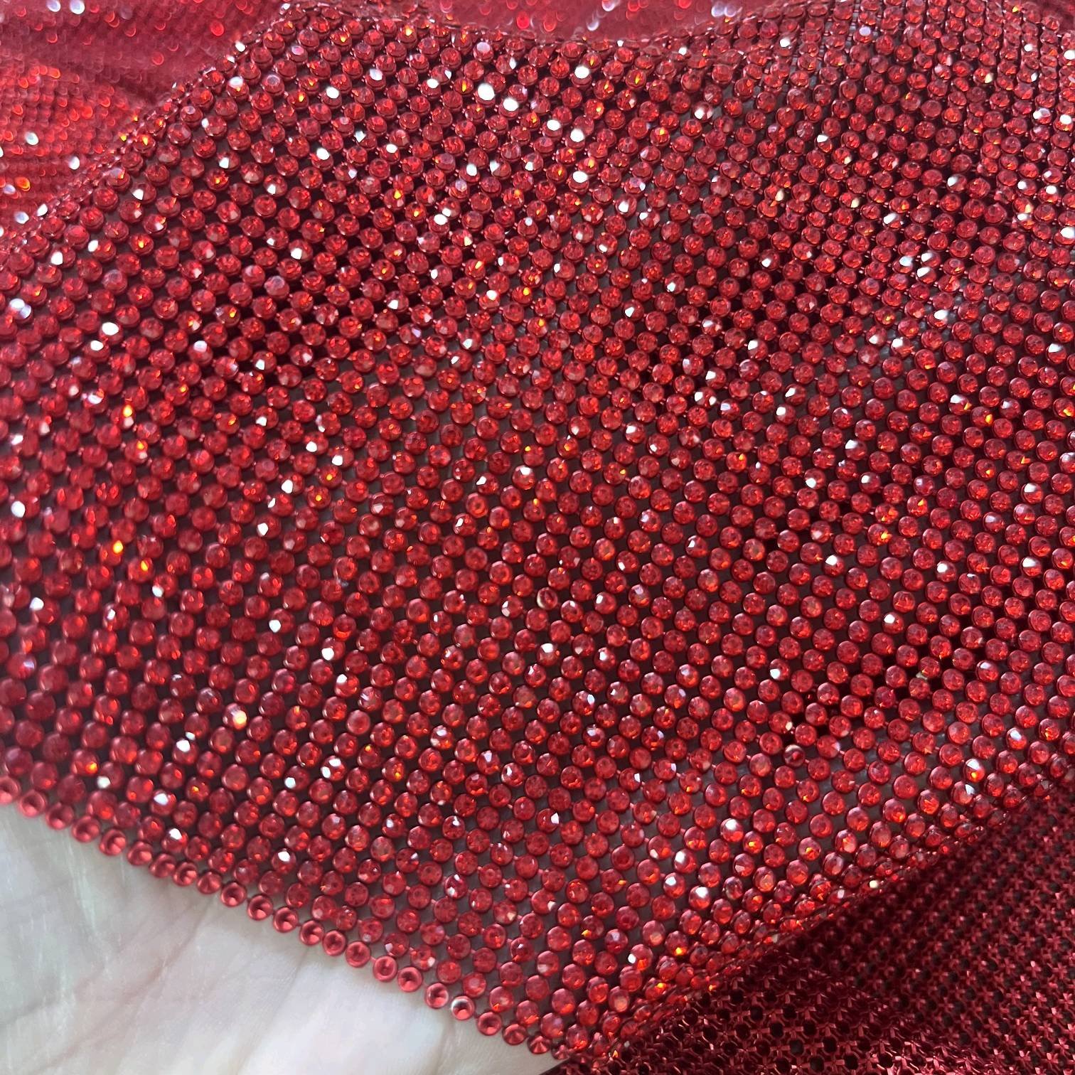Shiny Siam Crystal Mesh Fabric Red Rhinestone Mesh For Sewing On Bags Shoes Garment