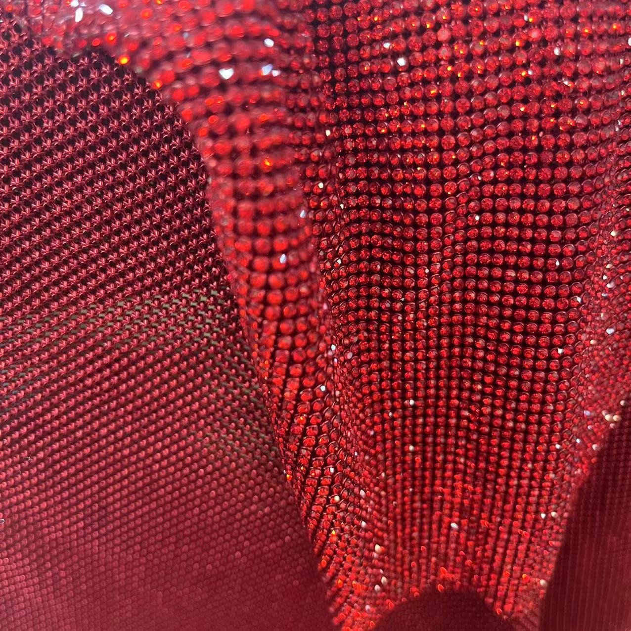 Shiny Siam Crystal Mesh Fabric Red Rhinestone Mesh For Sewing On Bags Shoes Garment
