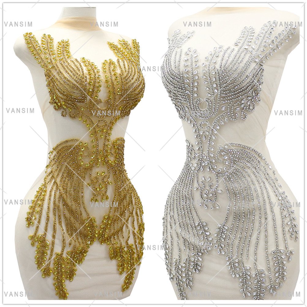 New Design Dangle Crystal Beading Bodice Rhinestone Applique Wholesale Dold Bridal Lace Applique Patch For Bridal