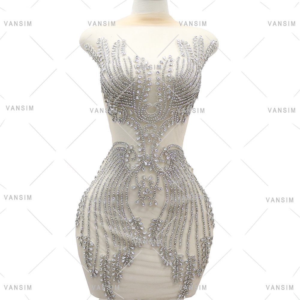 New Design Dangle Crystal Beading Bodice Rhinestone Applique Wholesale Dold Bridal Lace Applique Patch For Bridal