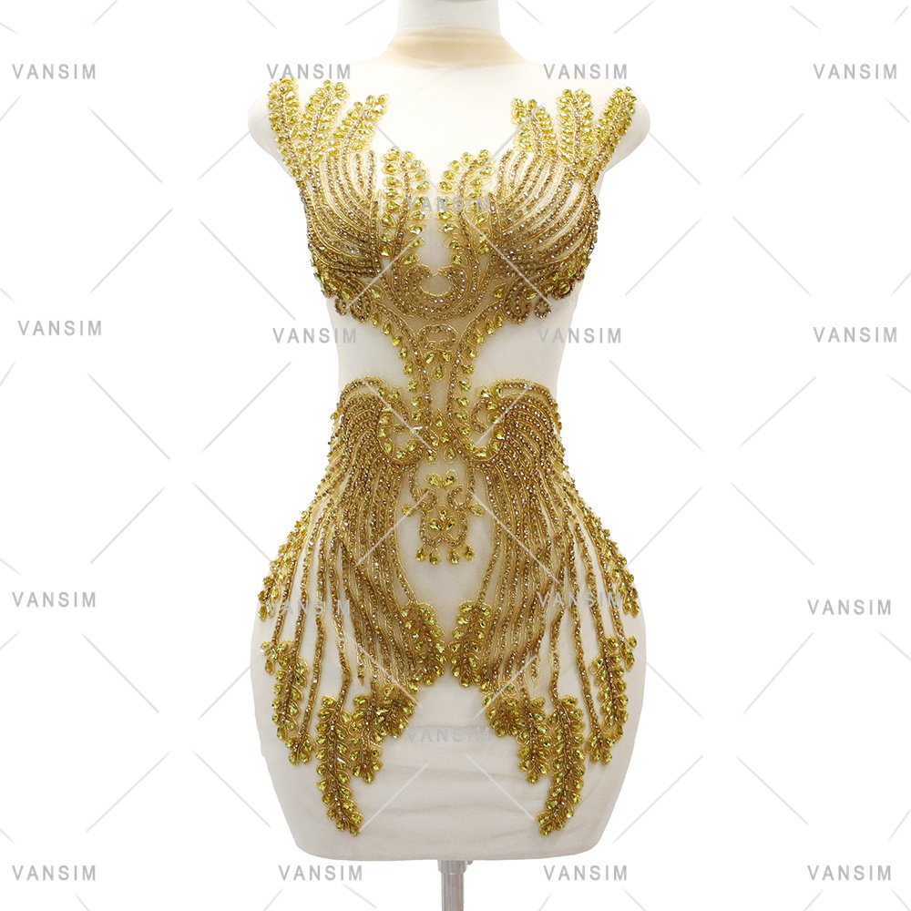 New Design Dangle Crystal Beading Bodice Rhinestone Applique Wholesale Dold Bridal Lace Applique Patch For Bridal