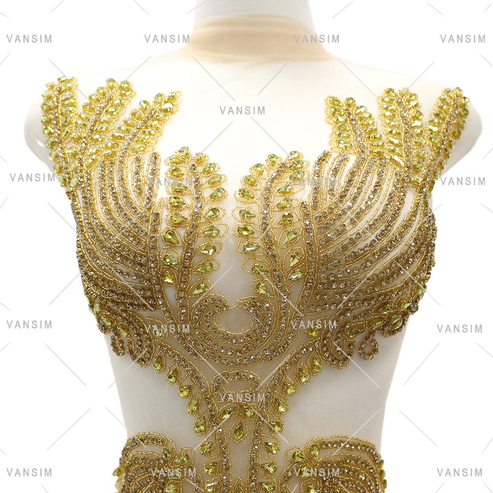 New Design Dangle Crystal Beading Bodice Rhinestone Applique Wholesale Dold Bridal Lace Applique Patch For Bridal