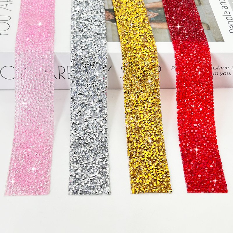Wholesale 1Yard Hotfix Colorful AB Rhinestone Trim Chain Crystal Fabric Ribbon Strass Banding Resin Applique for Clothes Crafts