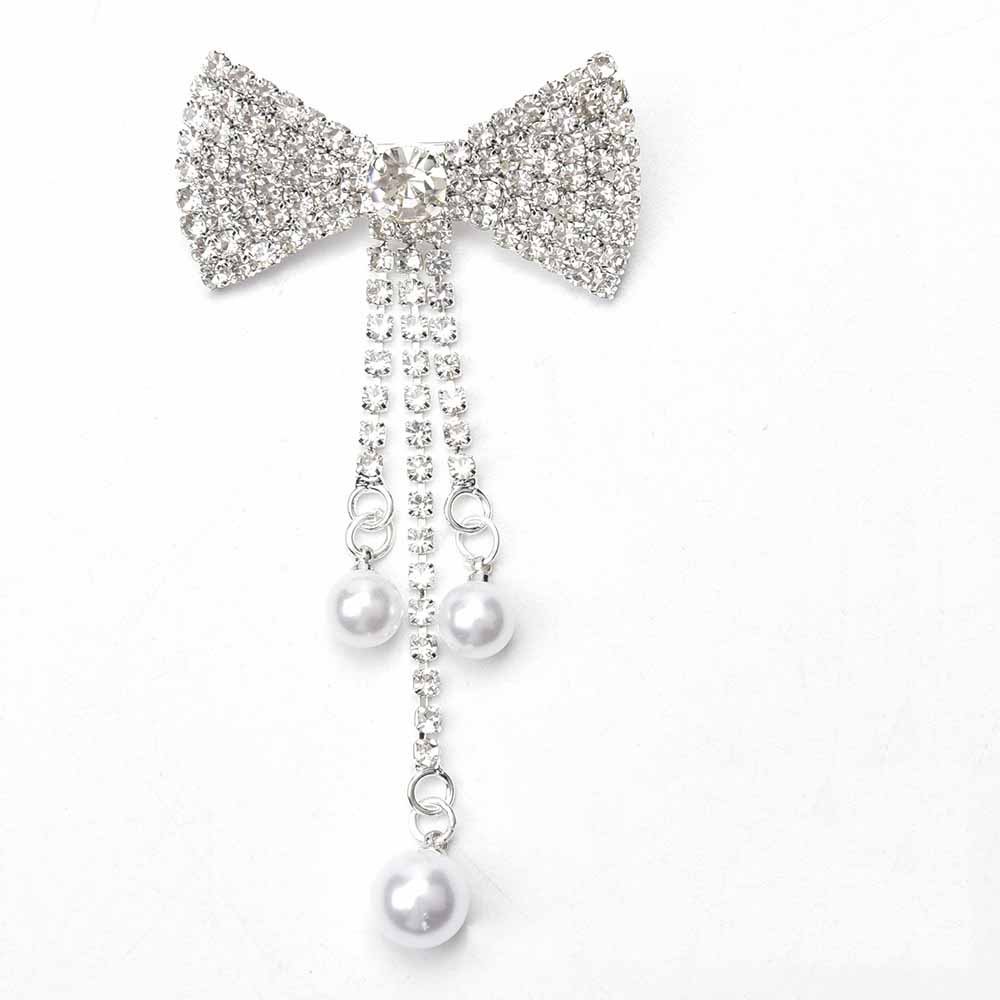 JFRA012 Cute Silver Plated Welding Glass Rhinestone Bow Brooches Crystal Pearl Tassel Lapel Pin Women Jewelry Birthday Gifts
