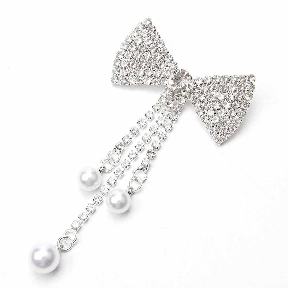 JFRA012 Cute Silver Plated Welding Glass Rhinestone Bow Brooches Crystal Pearl Tassel Lapel Pin Women Jewelry Birthday Gifts